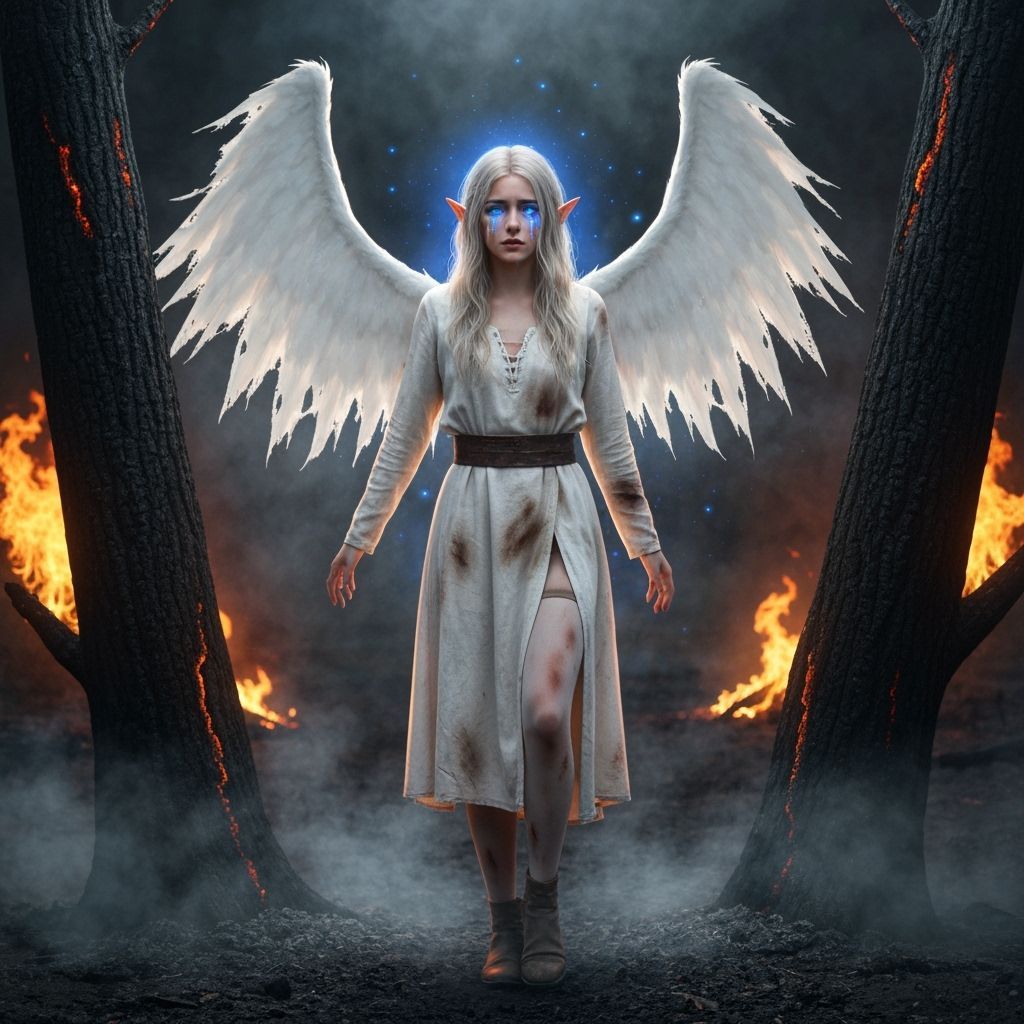 Elven Woman in Burnt Forest with Ethereal Glow