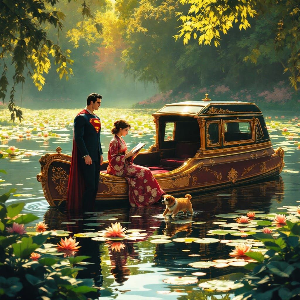 Majestic Hearse on Serene Lake with Superman and Hayao Miyaz...
