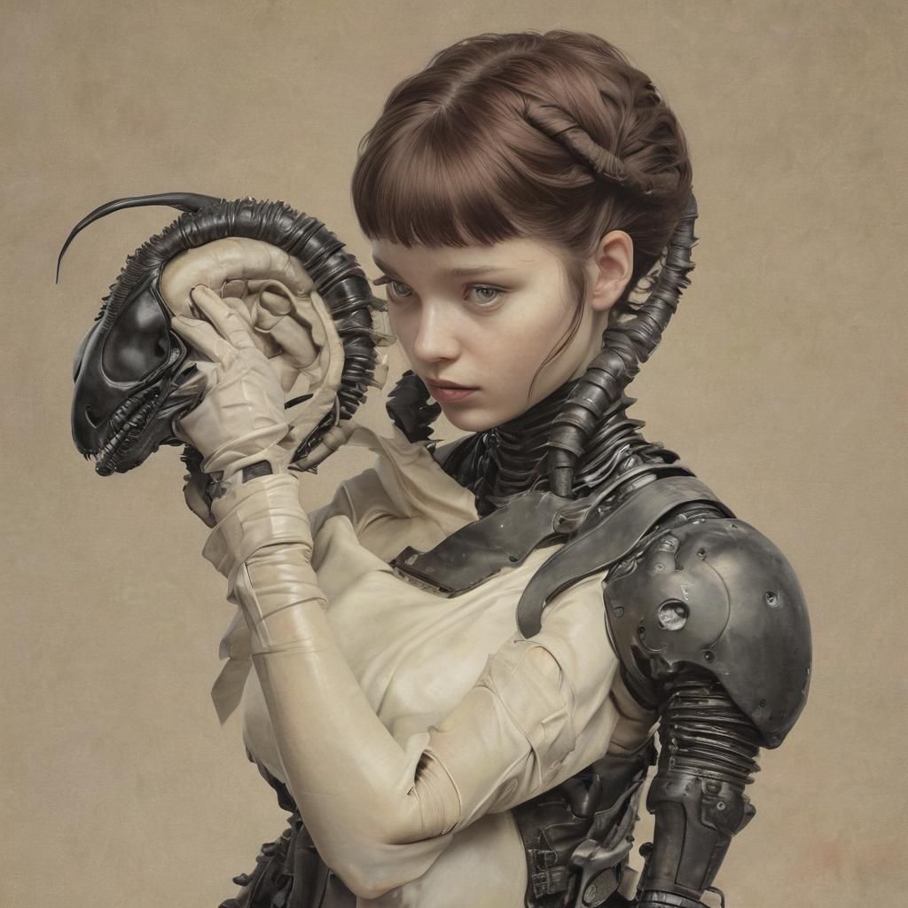 Girl Tenderly Petting a Miniature Alien in a Muted Color Pal...