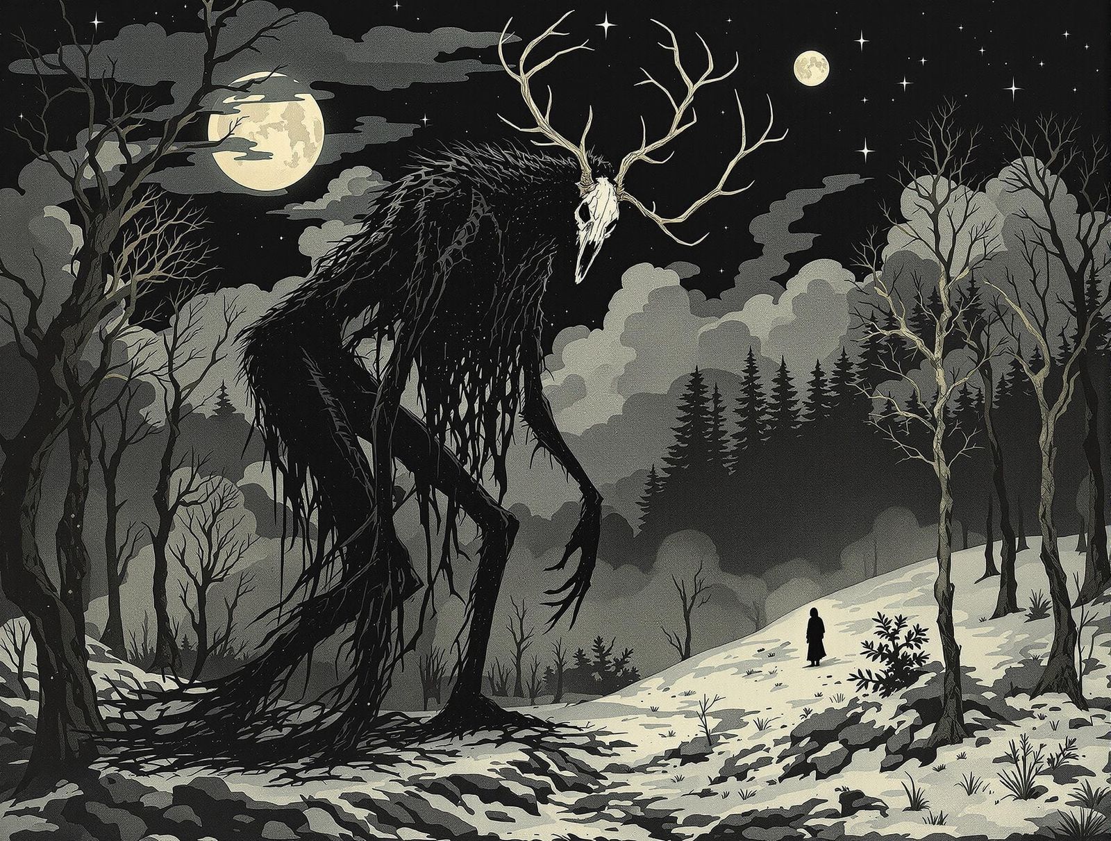 Ominous Deer Skull Figure in Art Nouveau Style