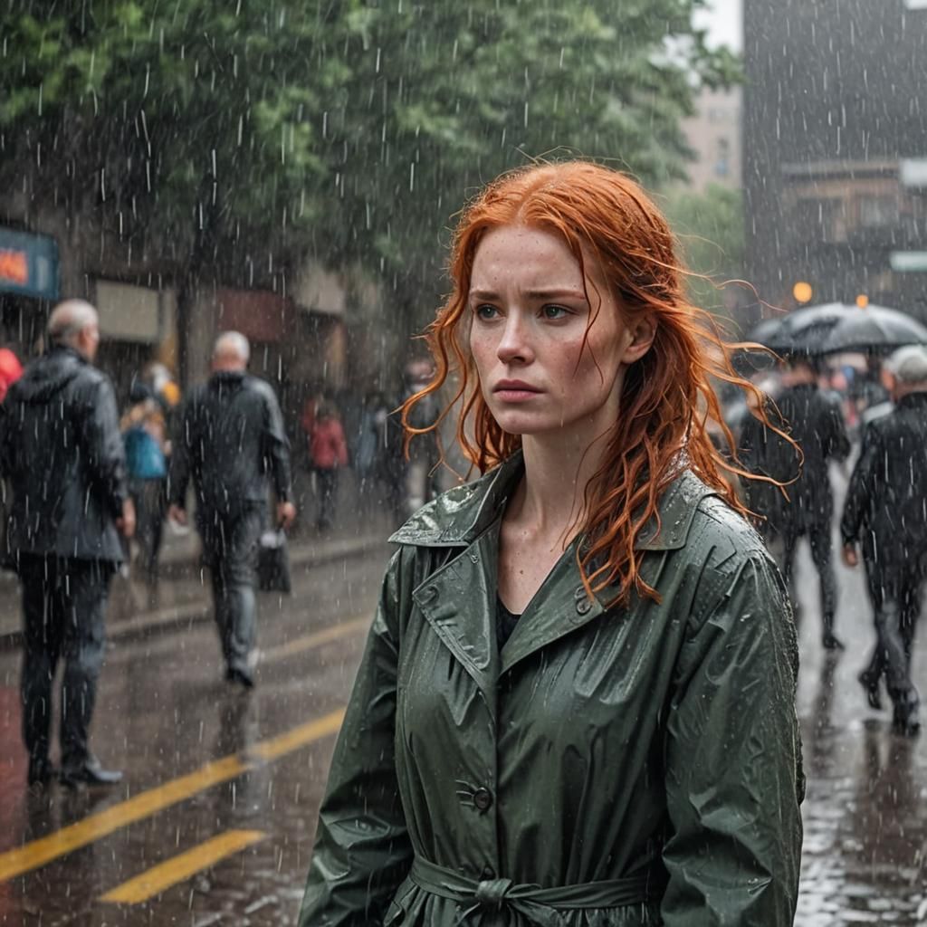 Red-Haired Woman Walks in Rain