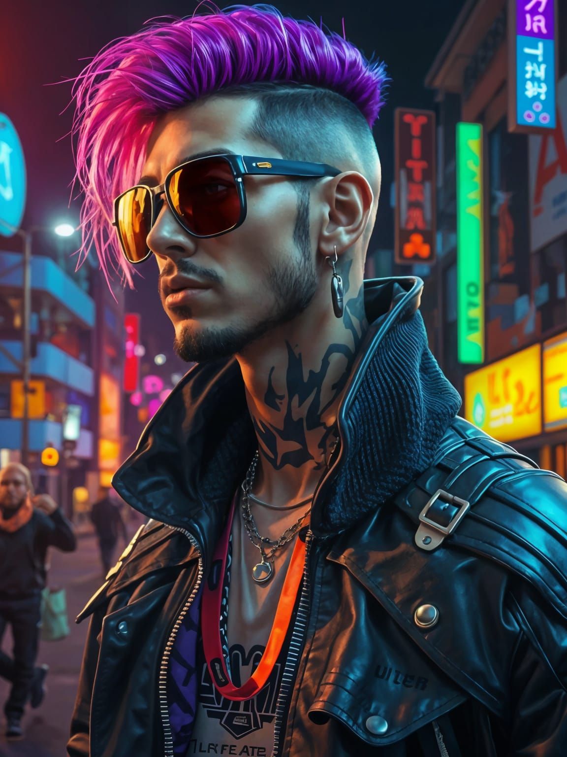 Cyberpunk Man with LED Jacket in Futuristic City