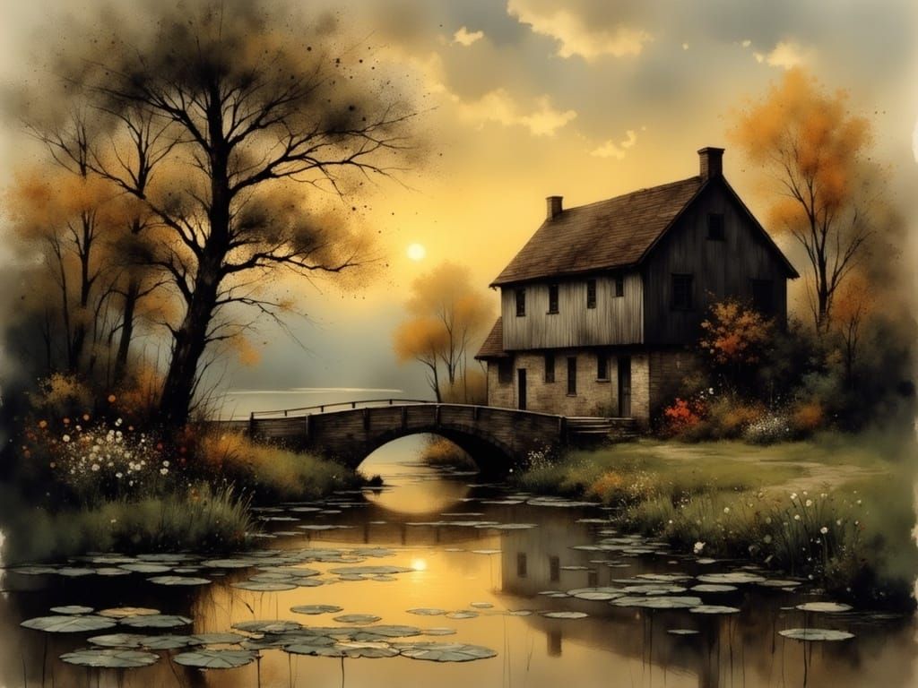 Watermill in Soft Evening Light: A Romanticized Scene