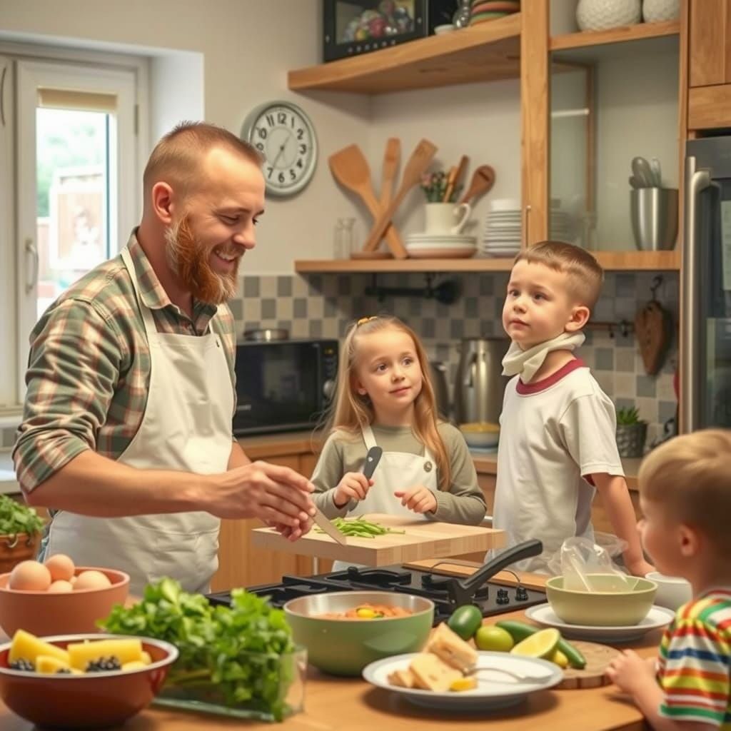 Dad Cooking Like a Pro Chef, Watched by Children
