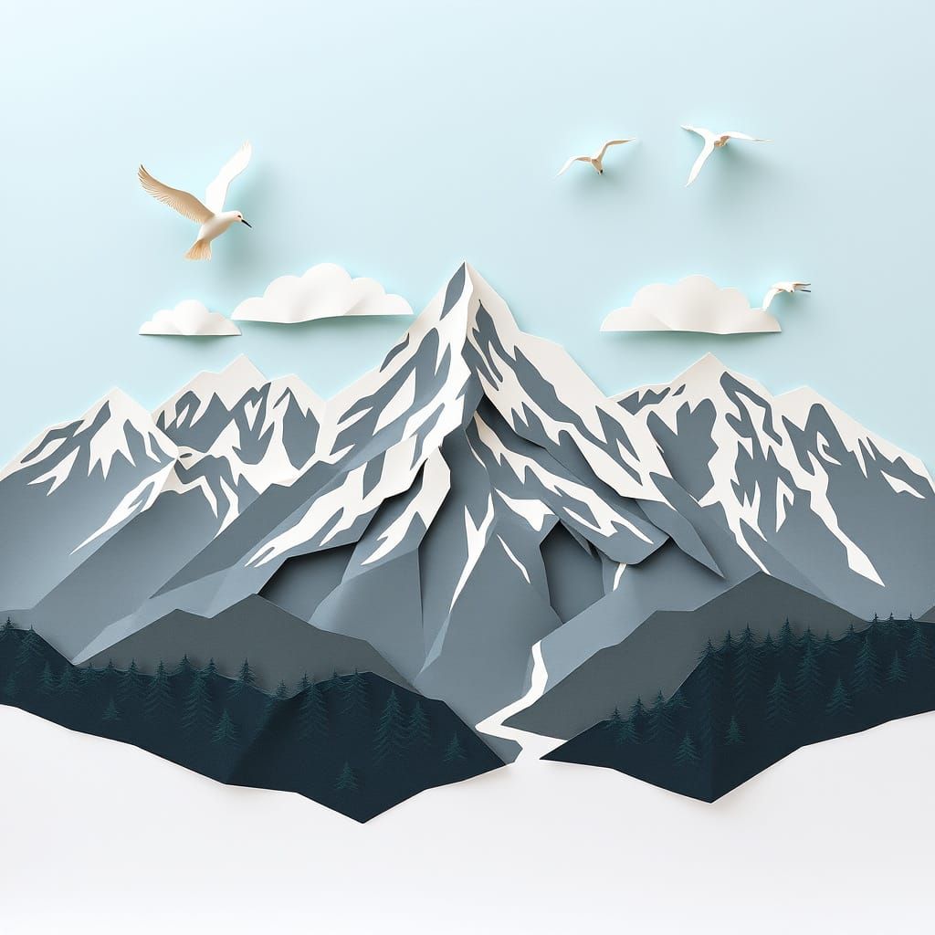 Paper Mountain Landscape with Flying Birds