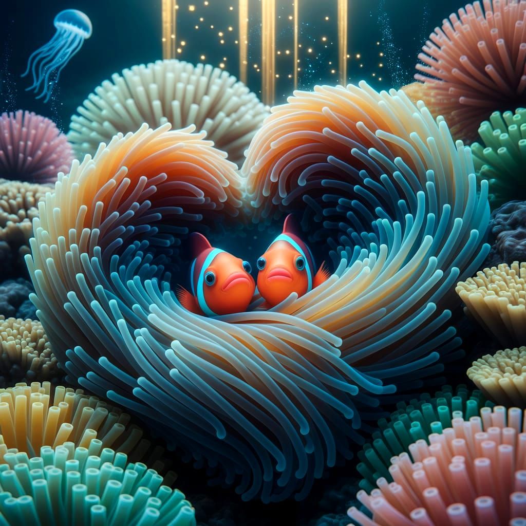 Underwater Heart Anemone with Clownfish, Hyperrealistic Digi...