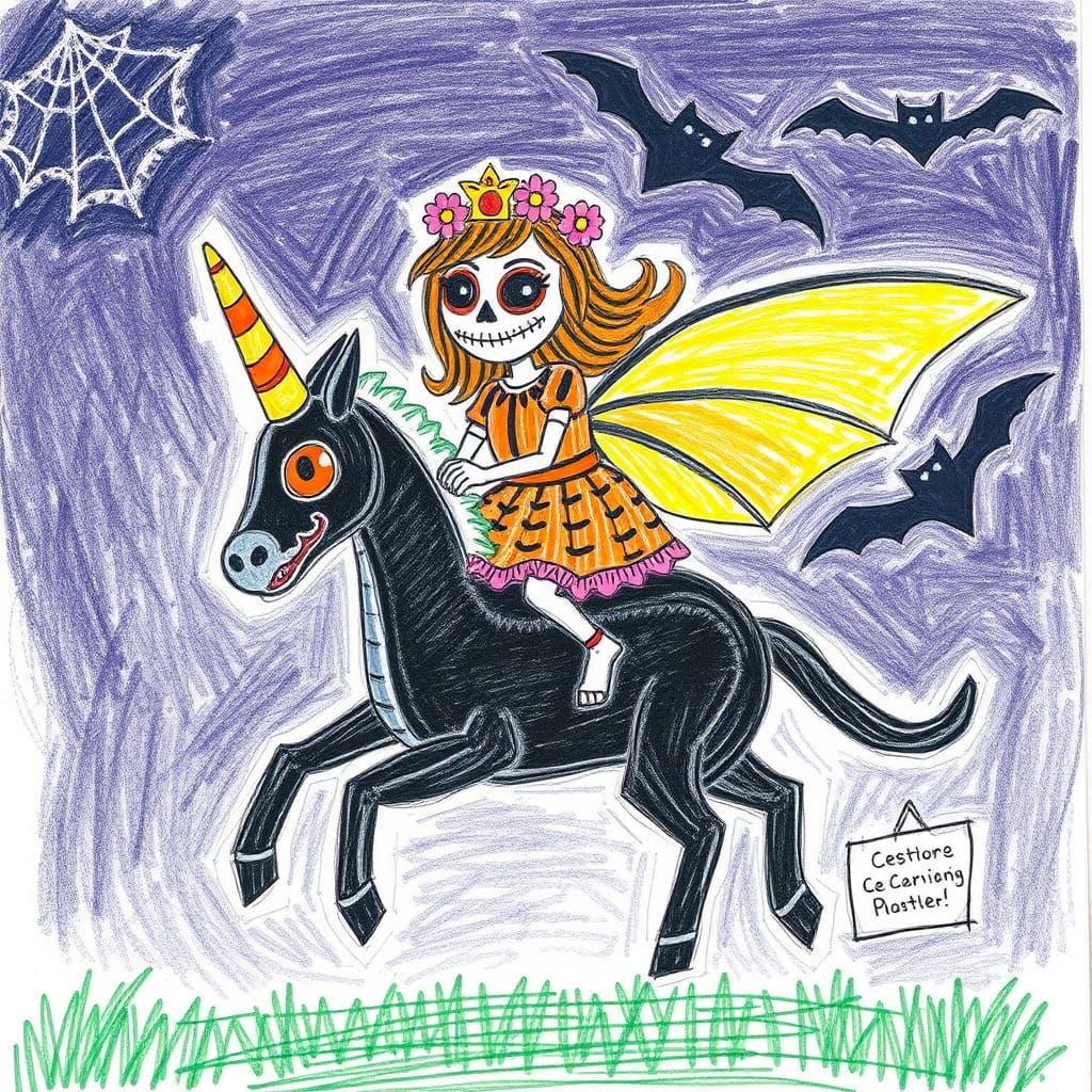 Sugar Skull Fairy Princess Riding a Mecha Dragon, Crayon Art
