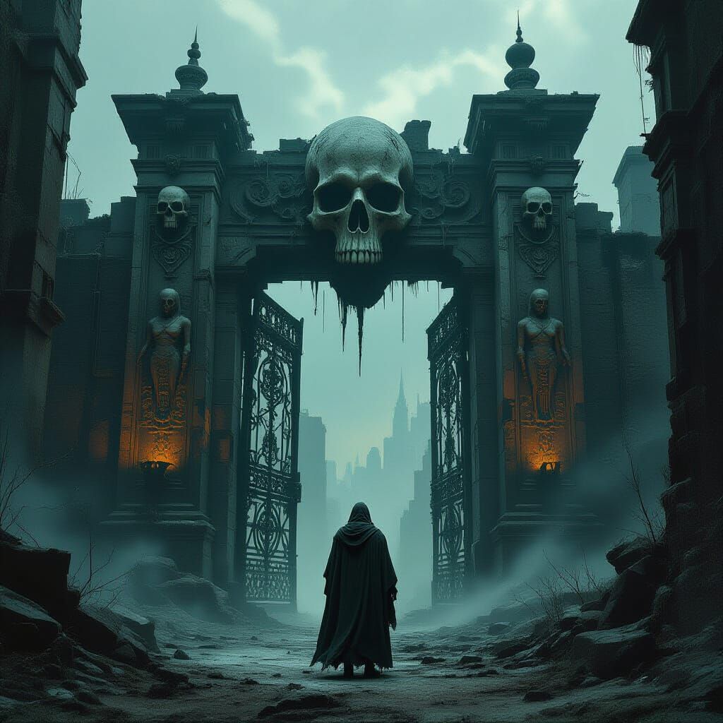 Dark Fantasy: Wanderer at Gate of Bone and Iron