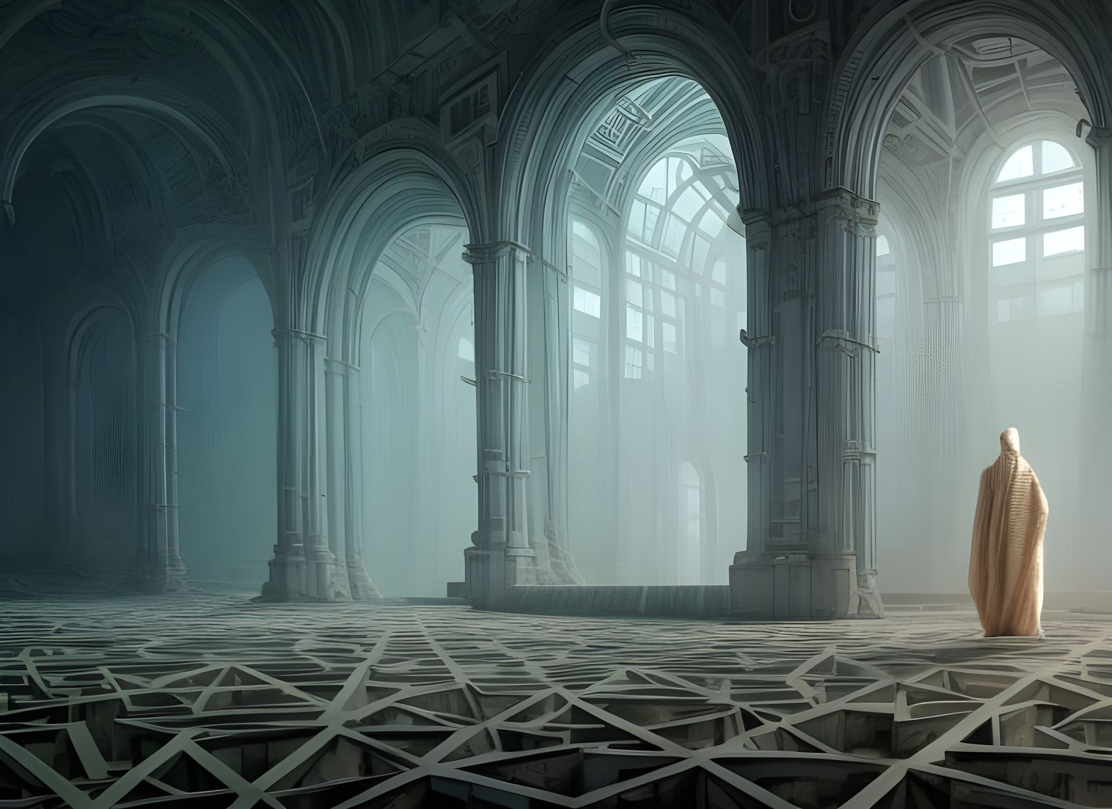 Elegant Figure Navigating a Surreal Geometric Maze