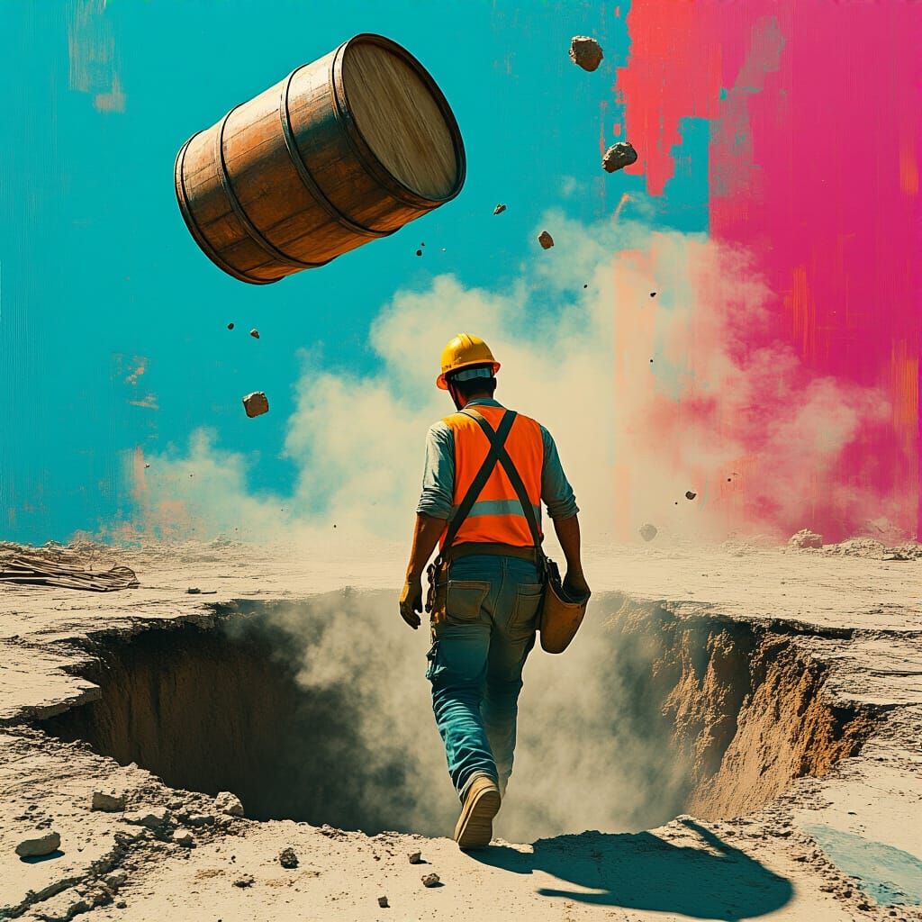 Construction Worker's Peril: Hyperrealistic Mixed Media Scen...