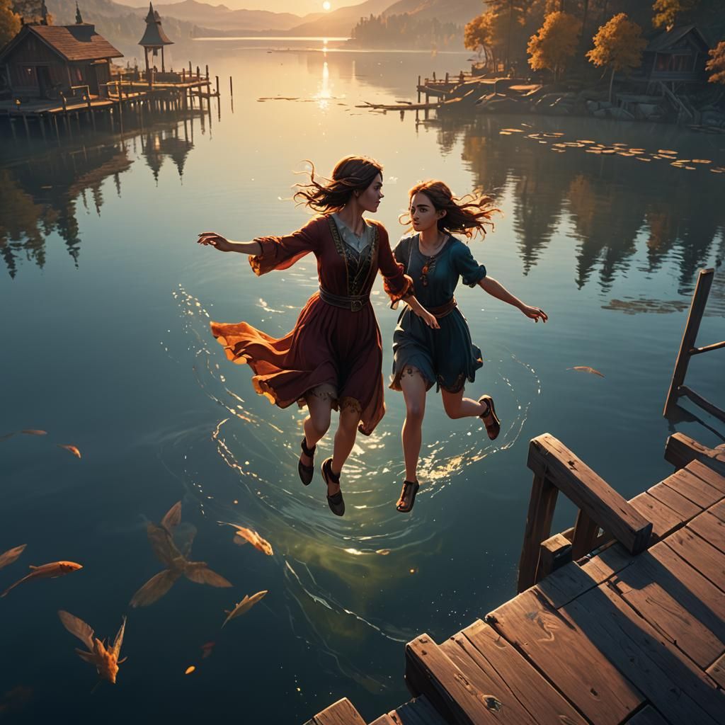 Girl Chasing Shadow on Pier in Fantasy Art