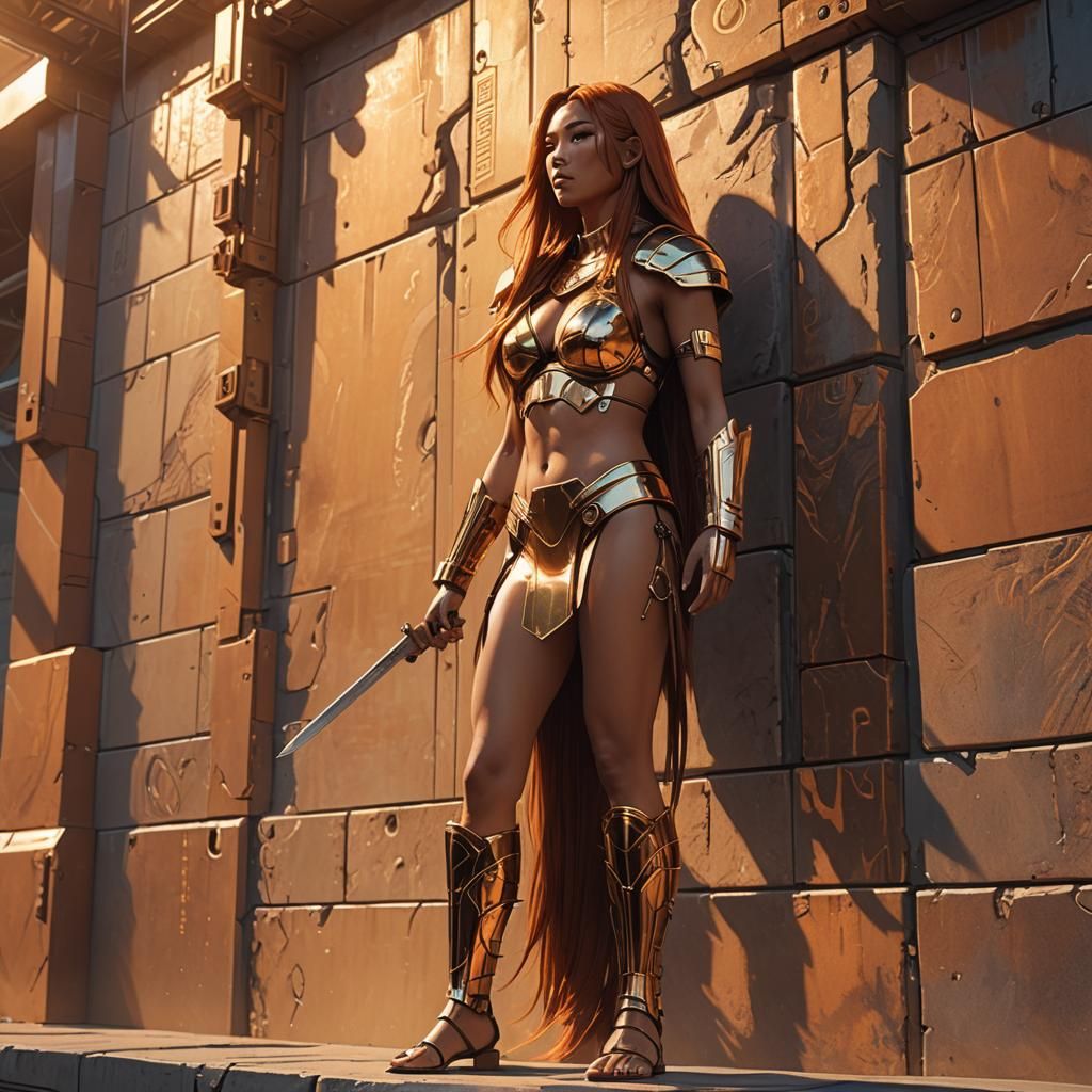 Cyberpunk Woman in Golden Bikini at Sunset