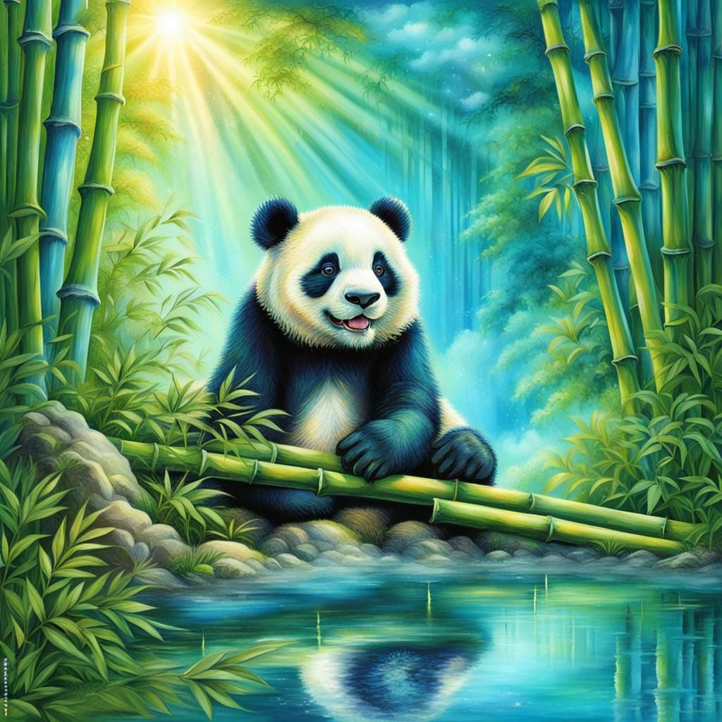 A beautiful happy panda bear in a bamboo forest by a crystal turquoise pond in the style of Josephine Wall heavenly suns...