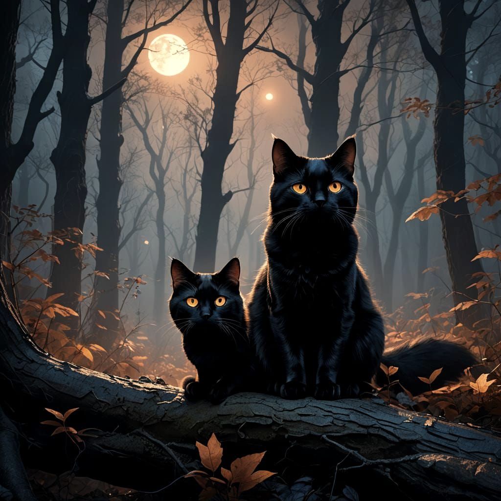 Eerie Black Cat in Haunted Woods: 3D Fantasy Art