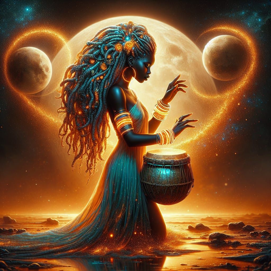 Cosmic Drummer: Portrait in Orange and Gold