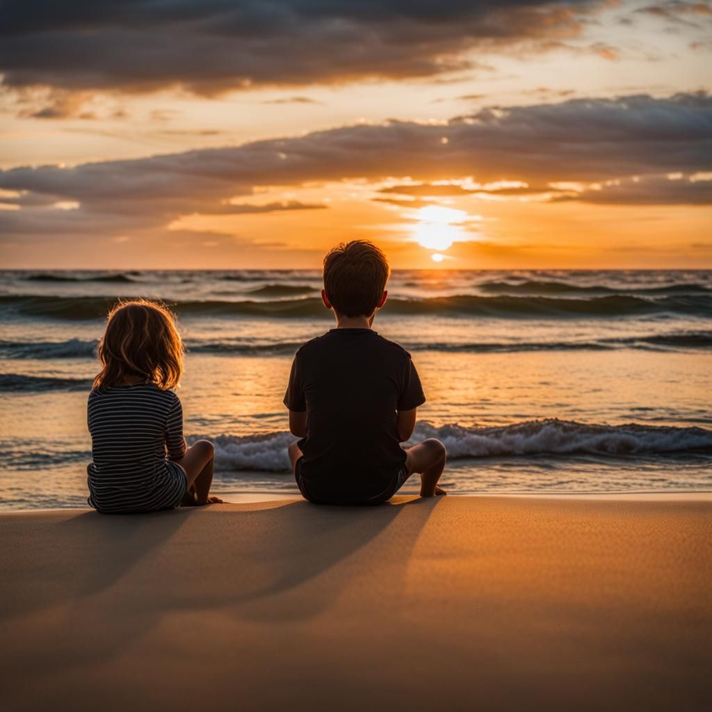Sunset Silhouette: Children on a Beach
