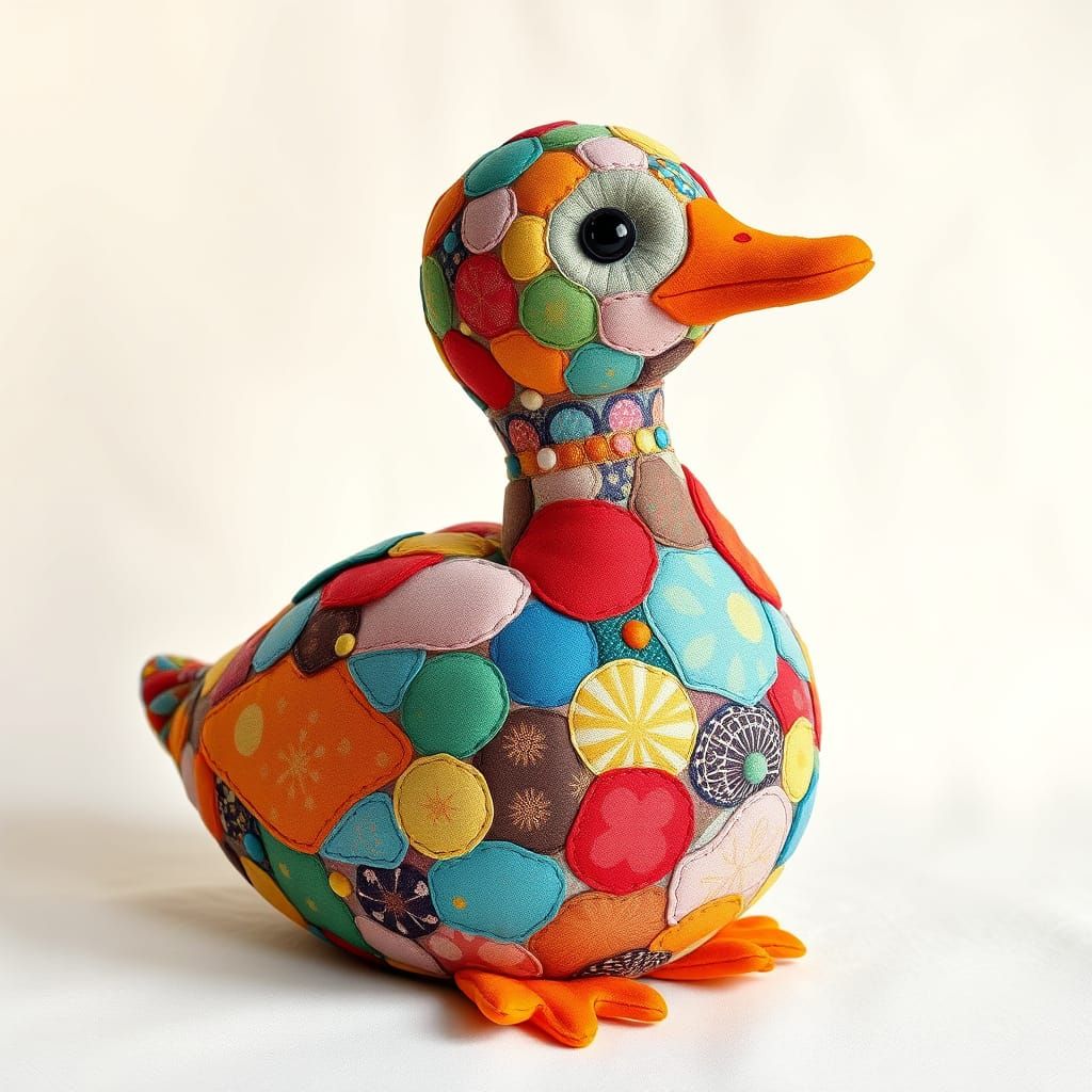 Vibrant Plush Duck in Whimsical Colorful Fabric Mosaic