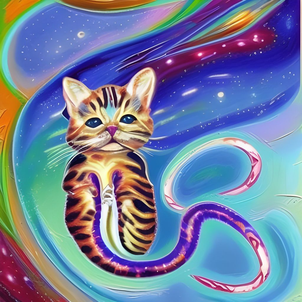 Cosmic Kitten's Tail Surprise: Expressionist Oil Painting