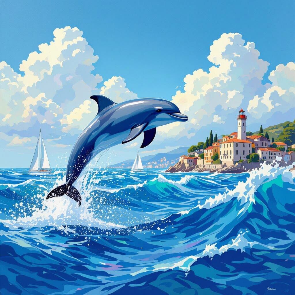Dolphin Leaping in Ocean, Vibrant 3D Painting