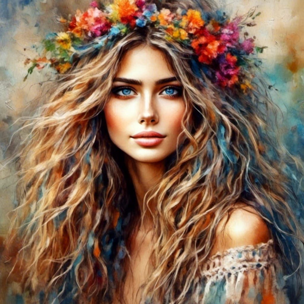 Bohemian Woman in Watercolor Impasto Style