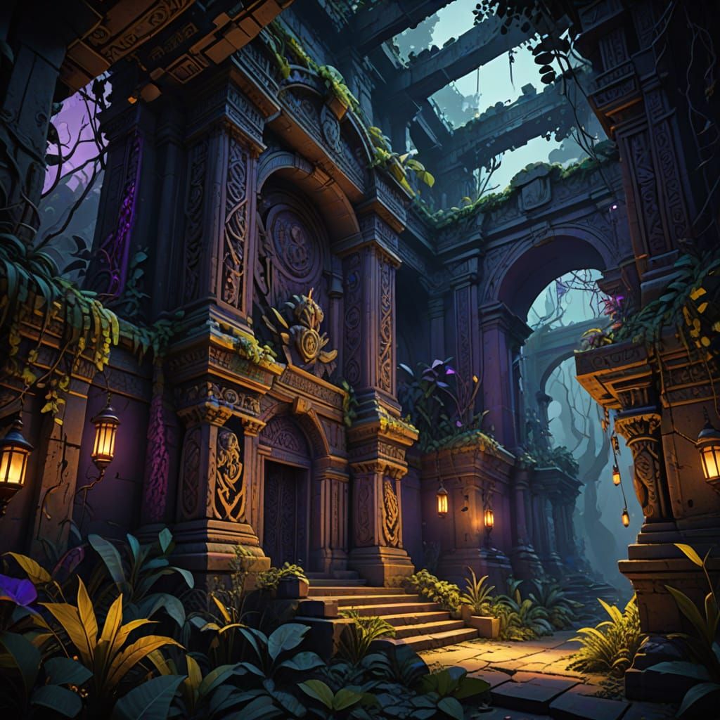 Dark Fantasy Jungle Ruins in Greg Rutkowski Style