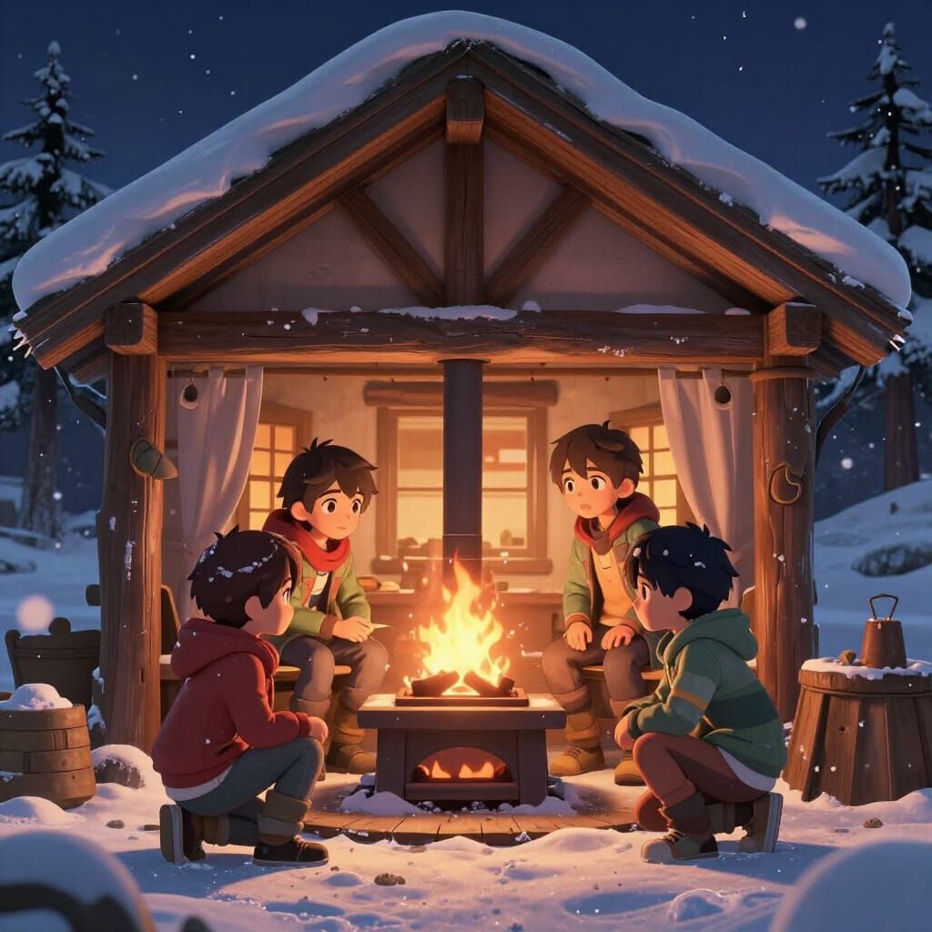 Four Children Explore Snowy Mountain Home in 3D Anime Style