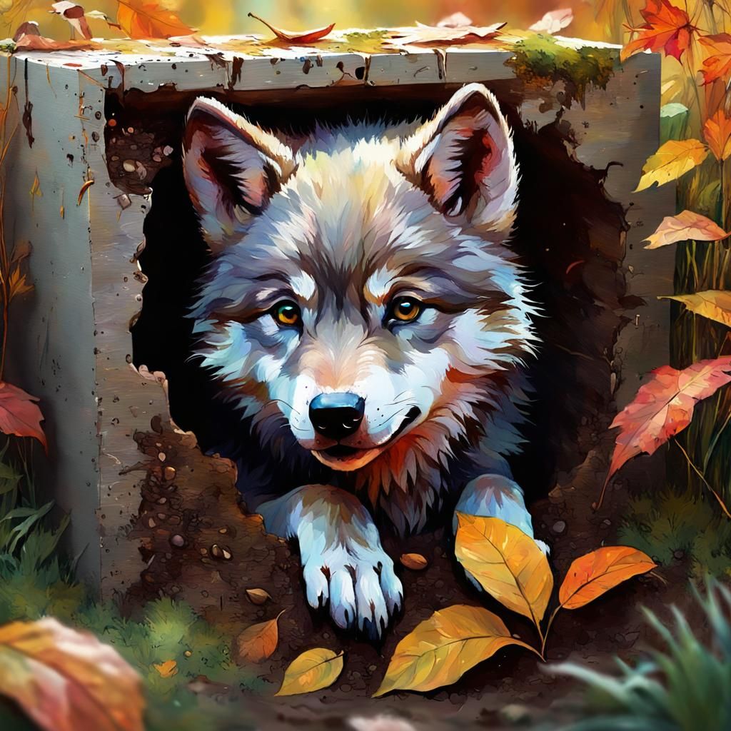 Cute Wolf Cube in Autumn Garden, Watercolour Painting