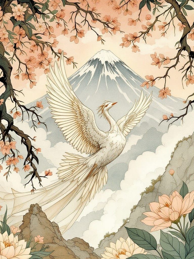 Surreal Art Nouveau Crane Amidst Mt. Fuji's Serenity