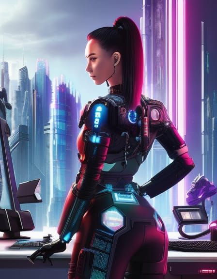 Futuristic Cyborg in Cyberpunk Metropolis