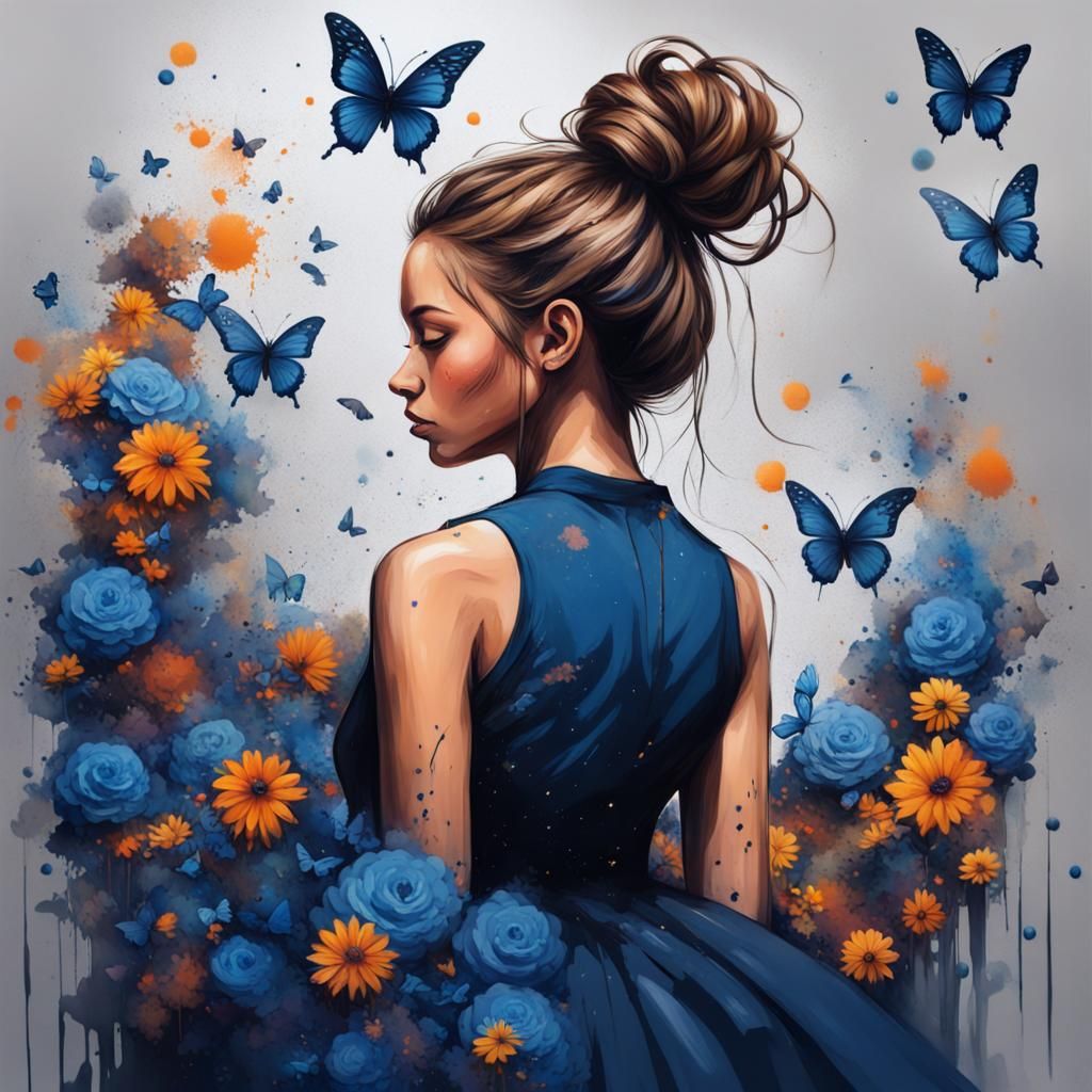 Girl in Blue Gown with Butterflies, Graffiti Art