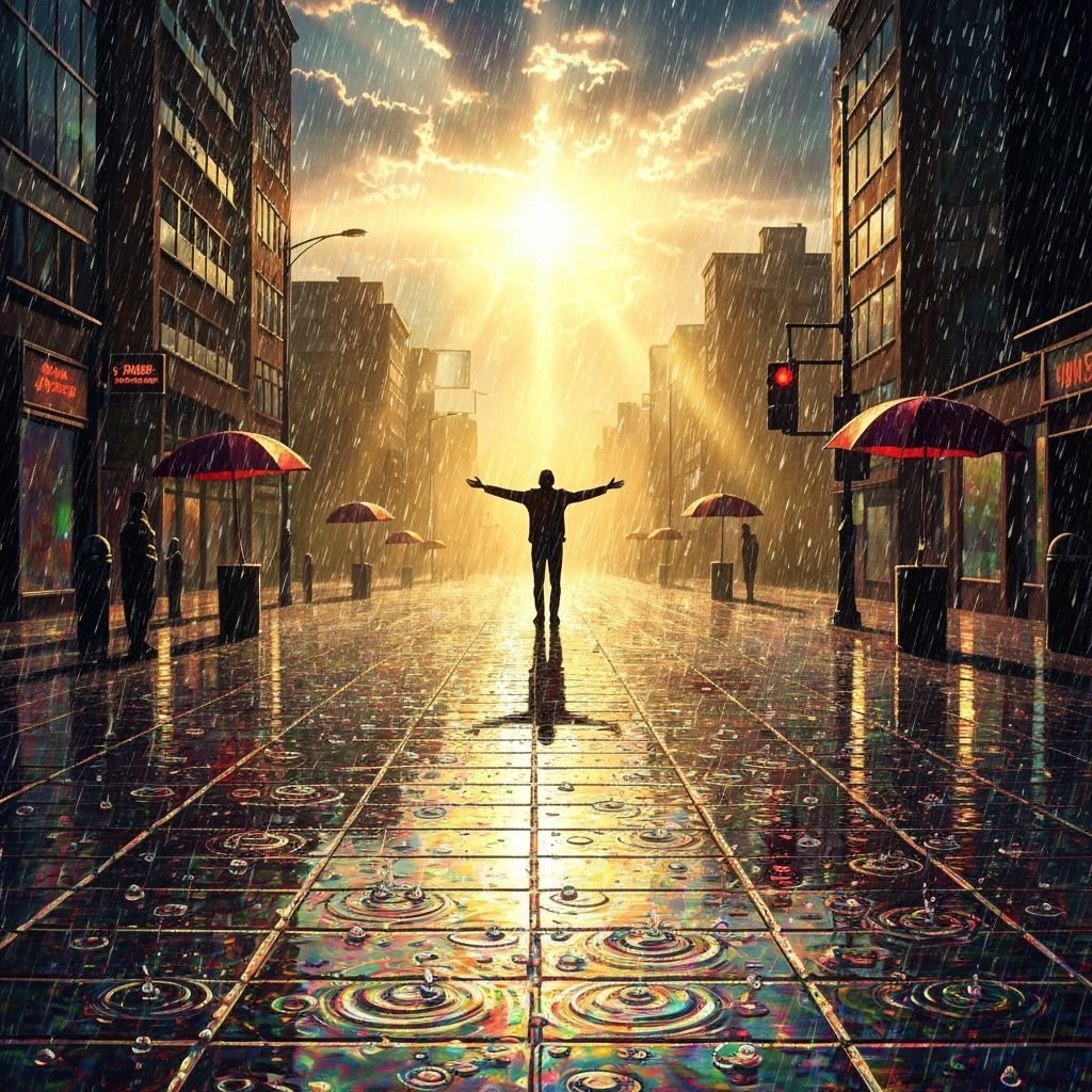 Golden Sunlight Pierces Surreal Rainy City Street