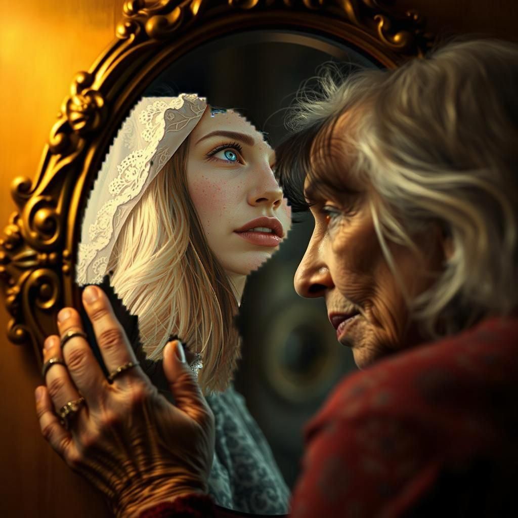 Old Woman's Reflection Reveals Youth in Mirror