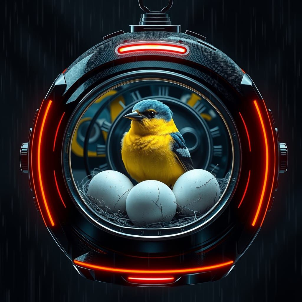 Cyberpunk Birdhouse with Incubating Swallow