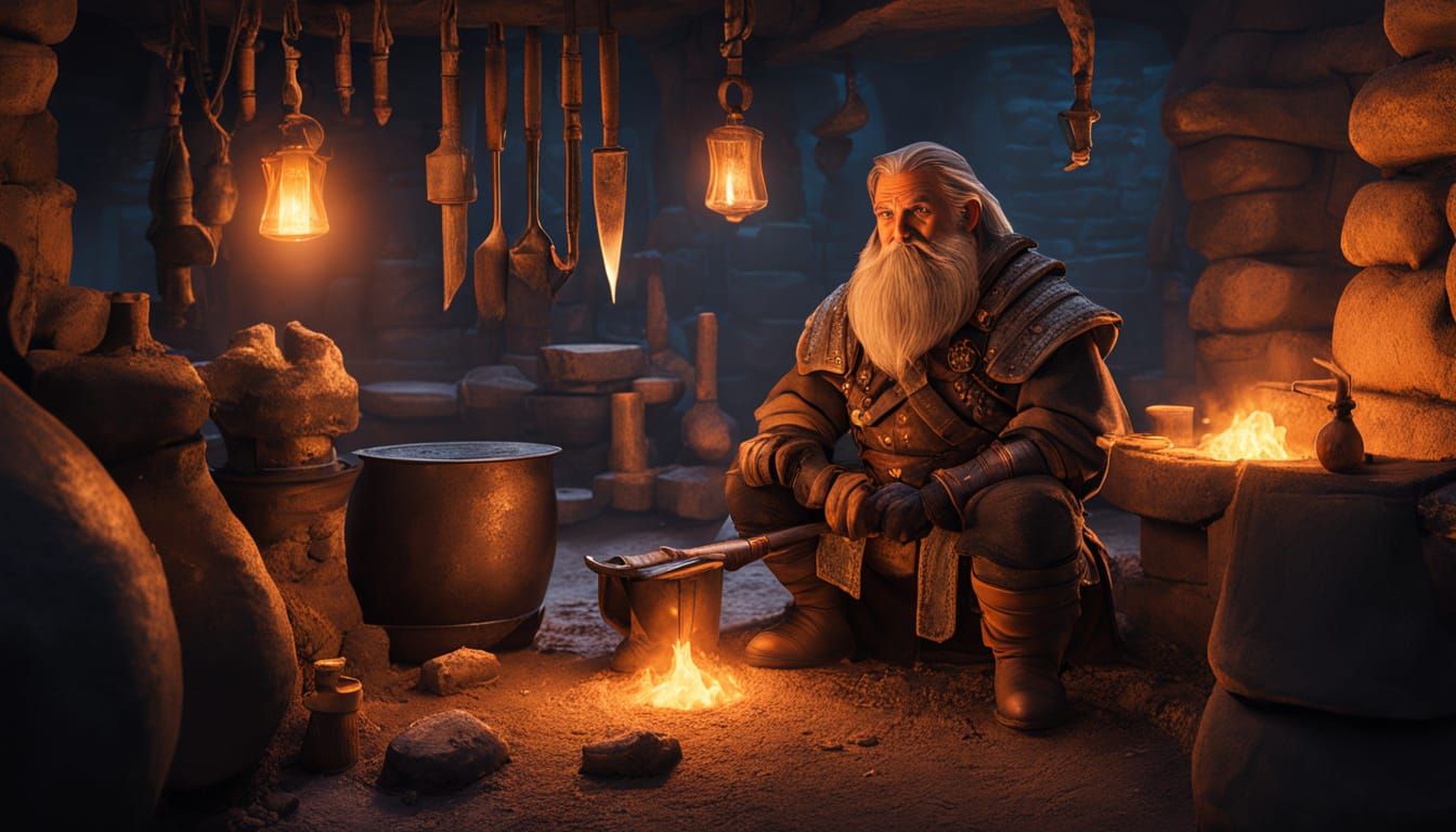 Dwarven Blacksmith Polishing Armor in Magical Forge