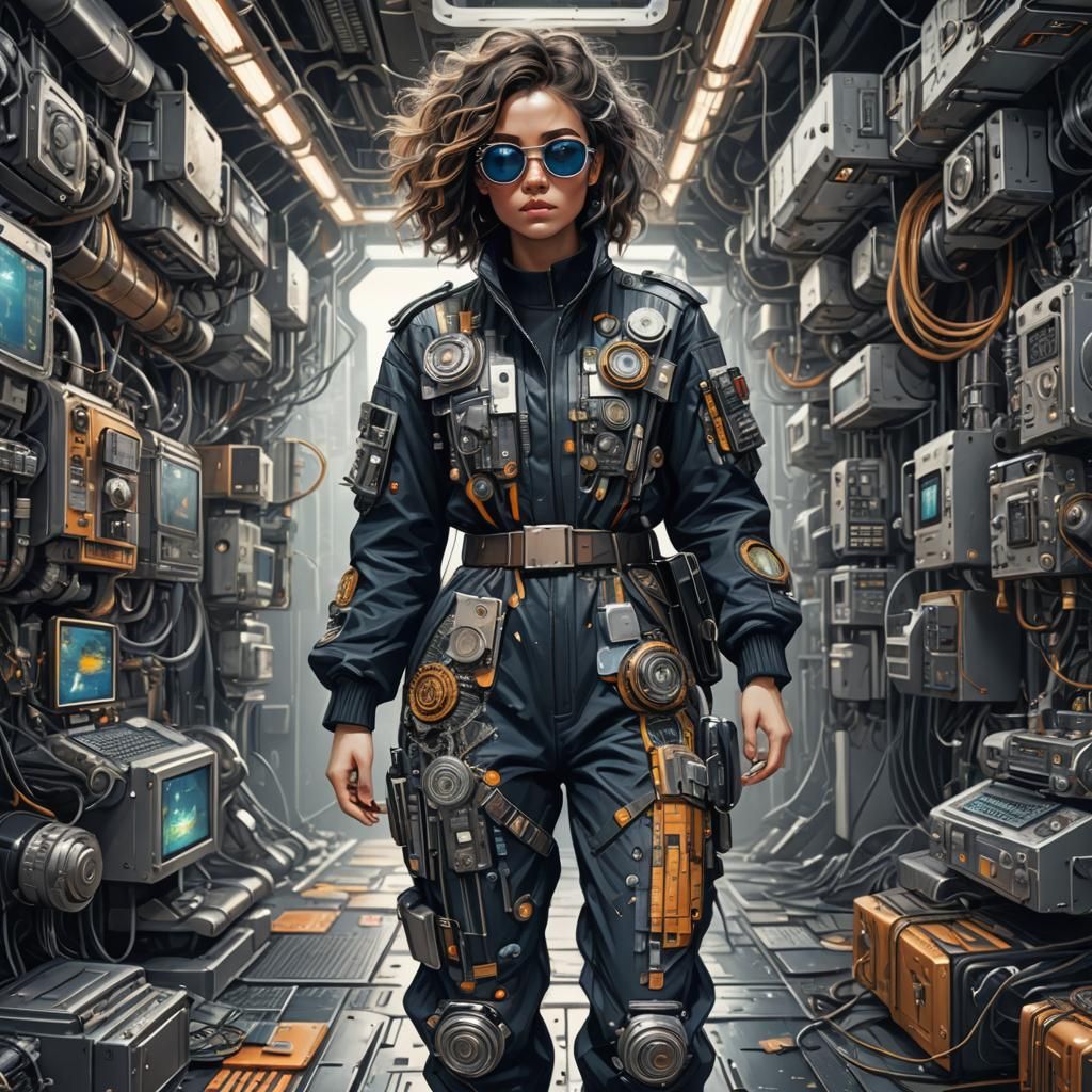 woman from the future, dressed in a jumpsuit made of microch...