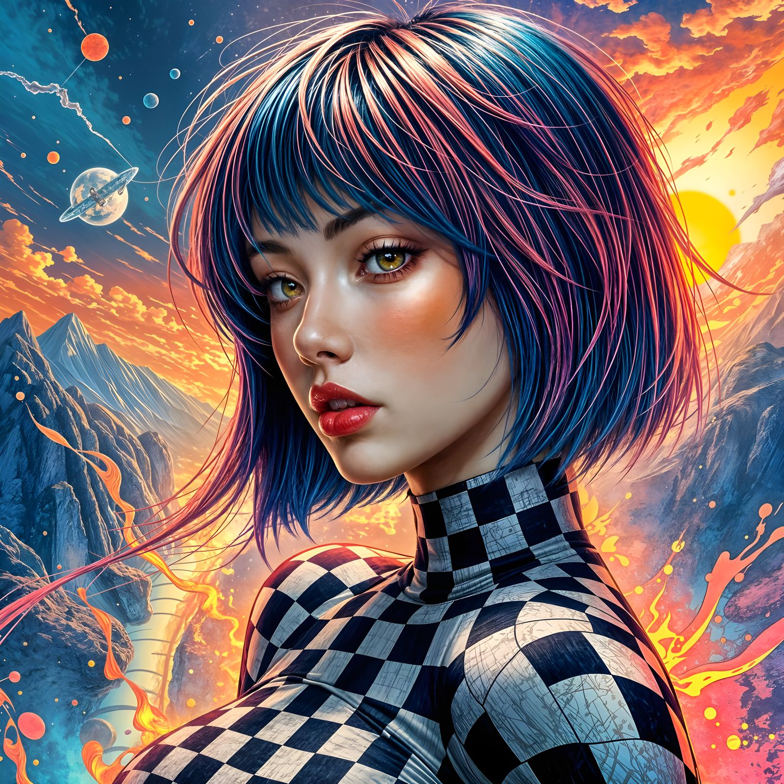 Heroic Woman Emerges from Vibrant Anime-Inspired Landscape