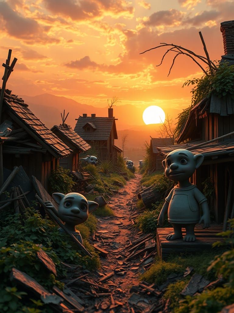 Clay Characters in Chaotic Village Sunset
