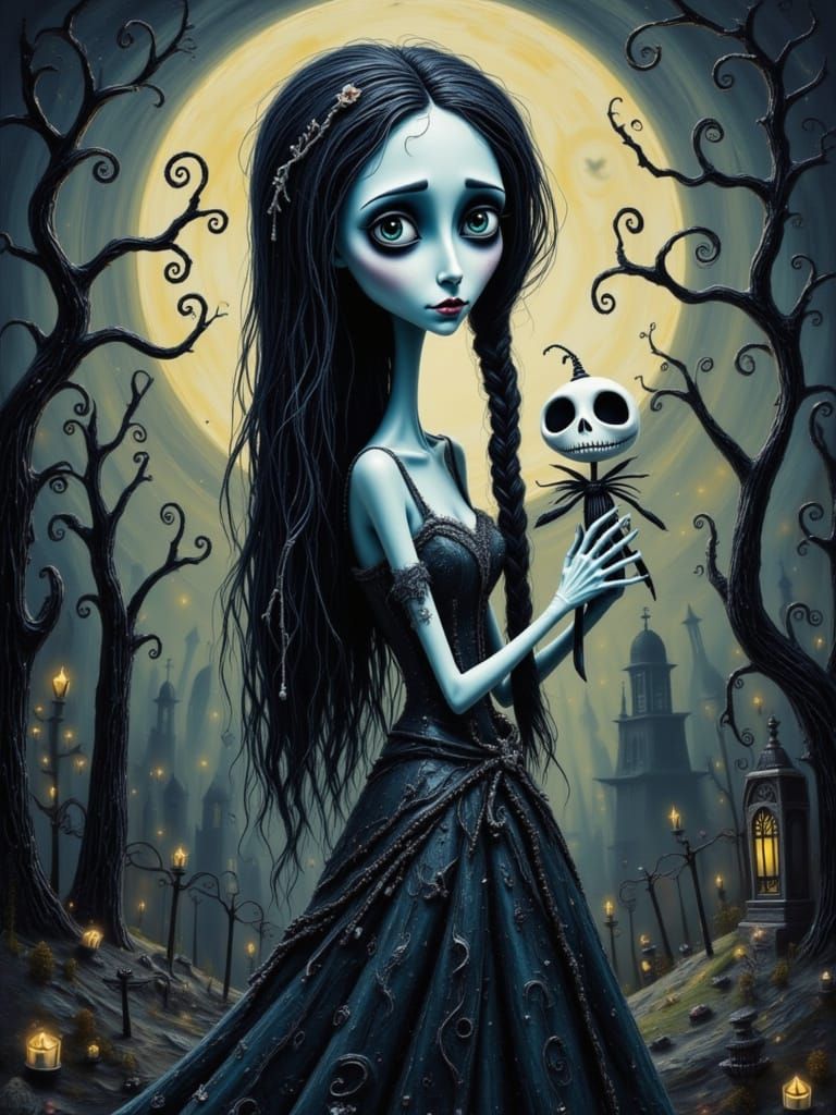 Gothic Woman with Skull in Burton-esque Landscape
