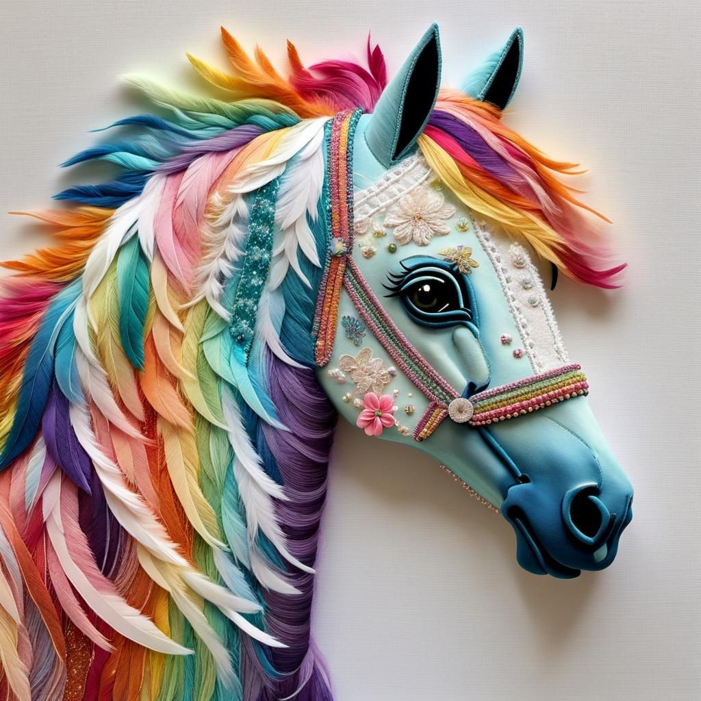 Rainbow Textile Horse Collage Mixed Media Art
