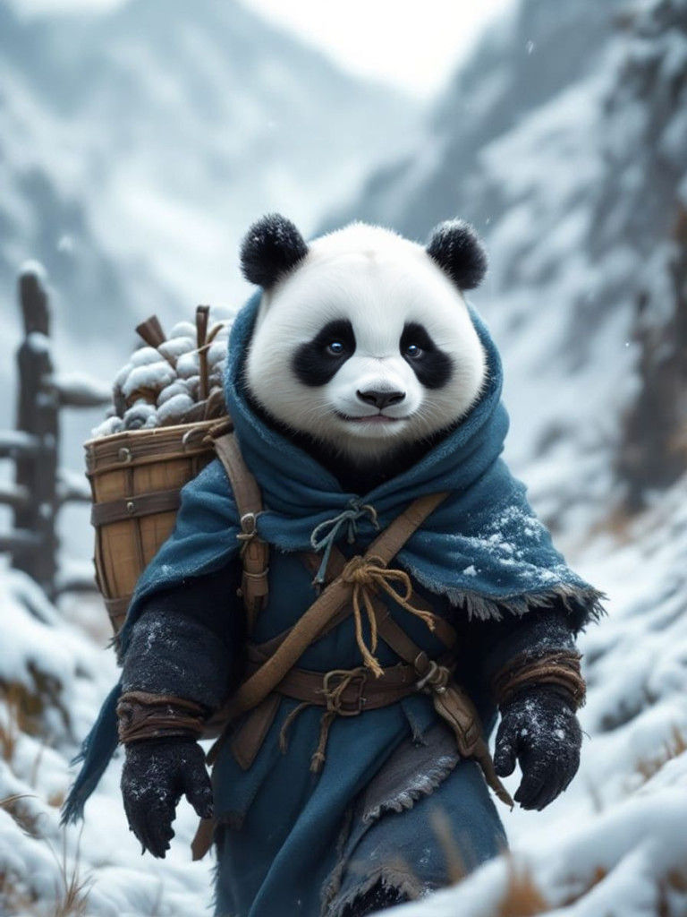 Panda Adventurer Walks Medieval Snowy Mountains