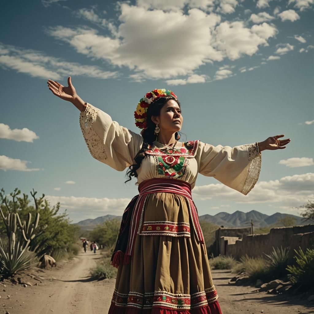 Pregnant Woman in Traditional Dress Reaching Skyward