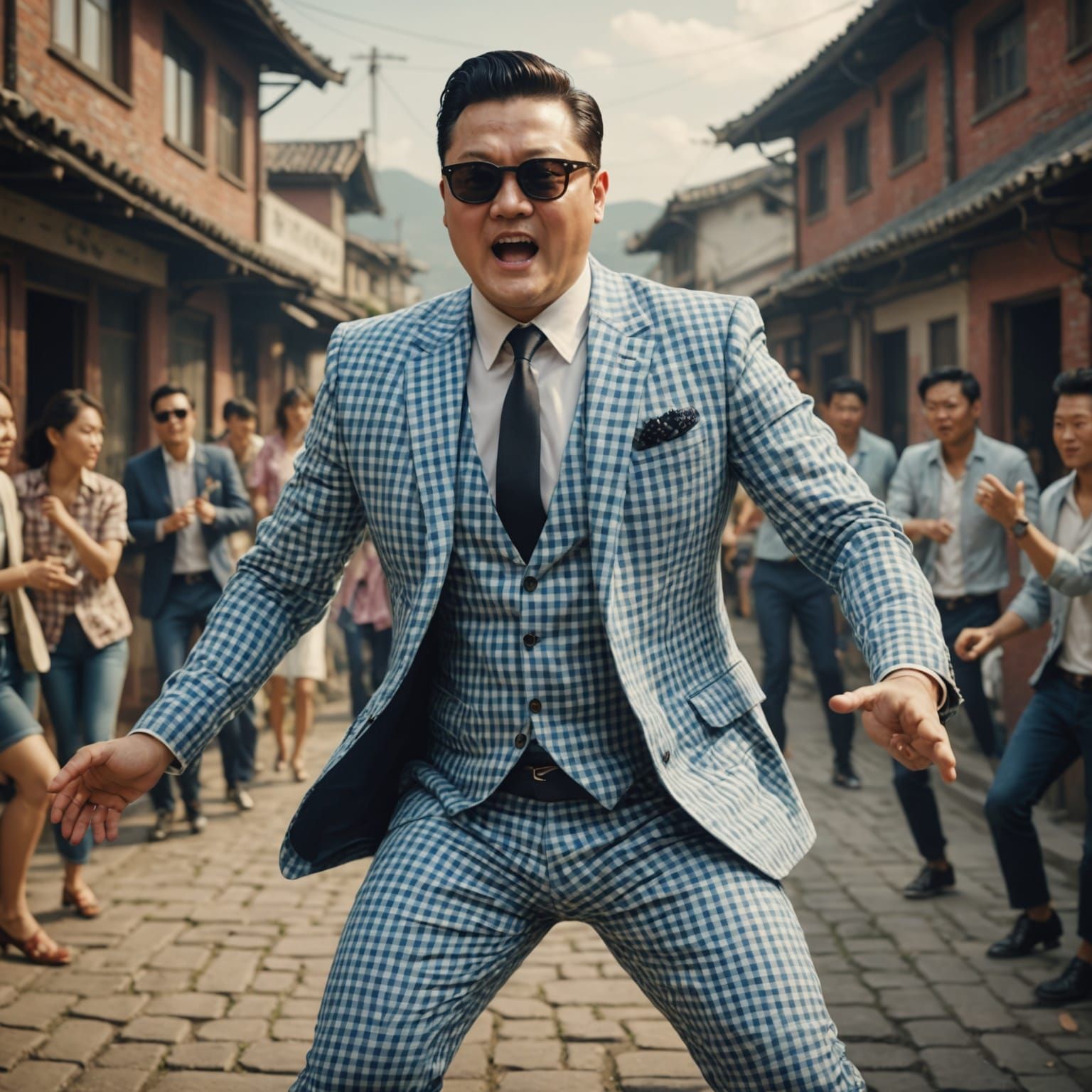 Psy Performs Gangnam Style in Vibrant Gingham Elegance