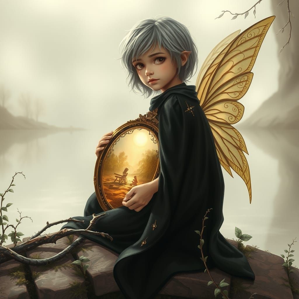 Fairy with Silver Hair Gazing into Ornate Mirror