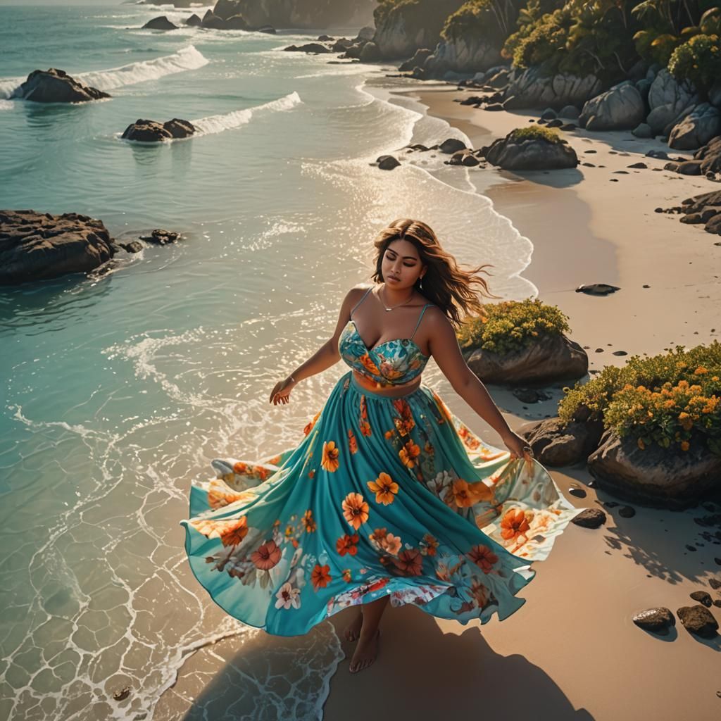 Fantasy Art: Curvy Woman in Beach Dress by Ocean
