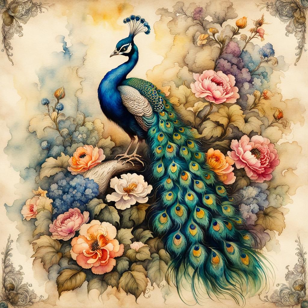 Peacock Watercolor with Flowers in Rackham Style