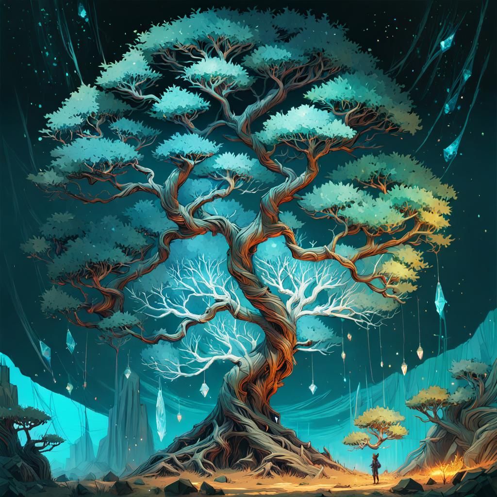 Detailed Crystal Tree Digital Painting with Shiny Aura
