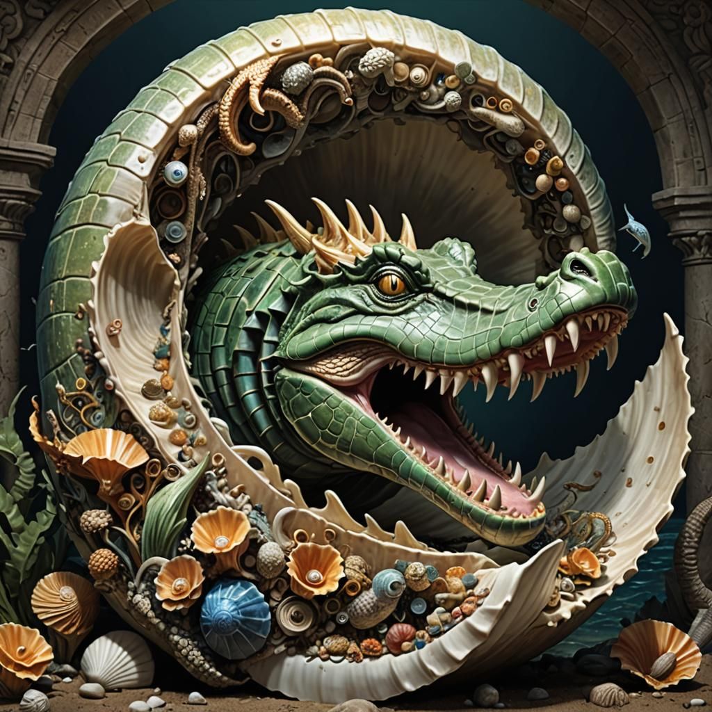 Mythological Crocodile Emerging from Nautilus Shell
