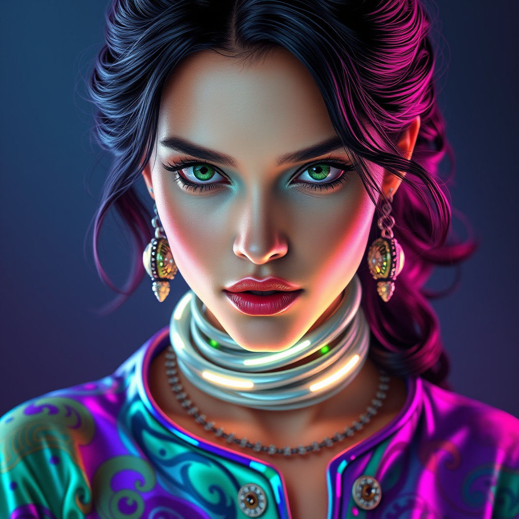 Hyperrealistic Woman with Neon Jewelry and White Stripe