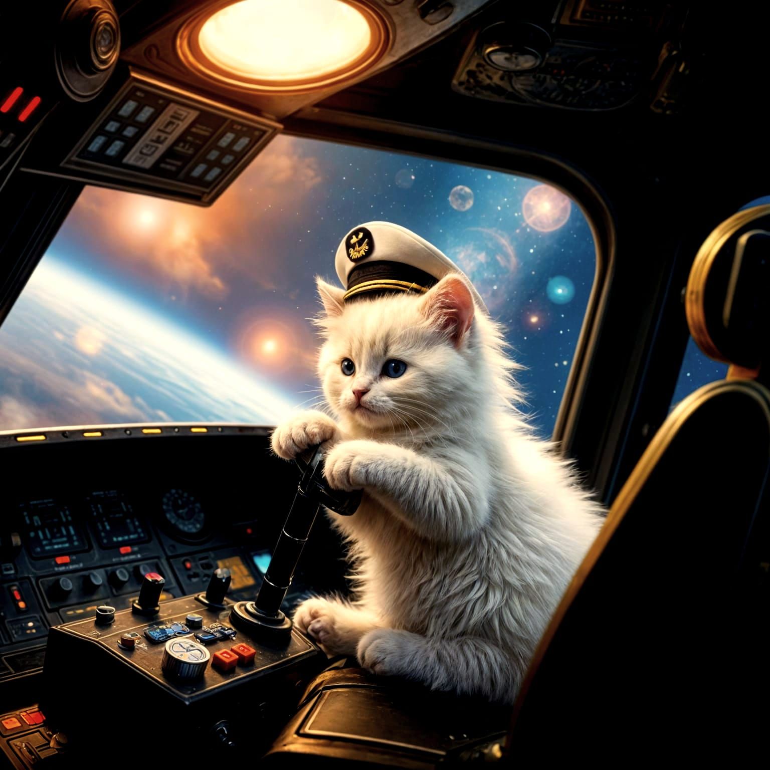 Fluffy White Kitten Captaining a Spaceship