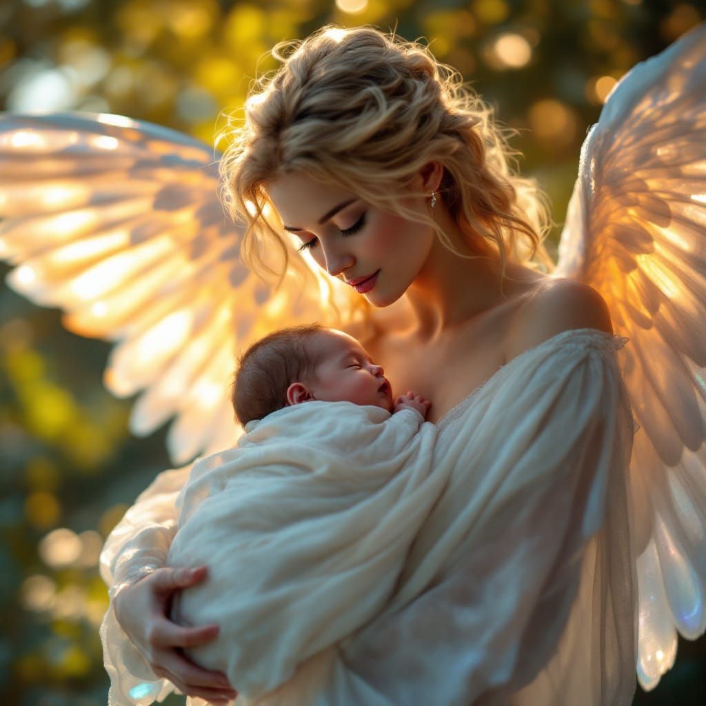 Ethereal Angel Carrying Baby in Golden Hour Light